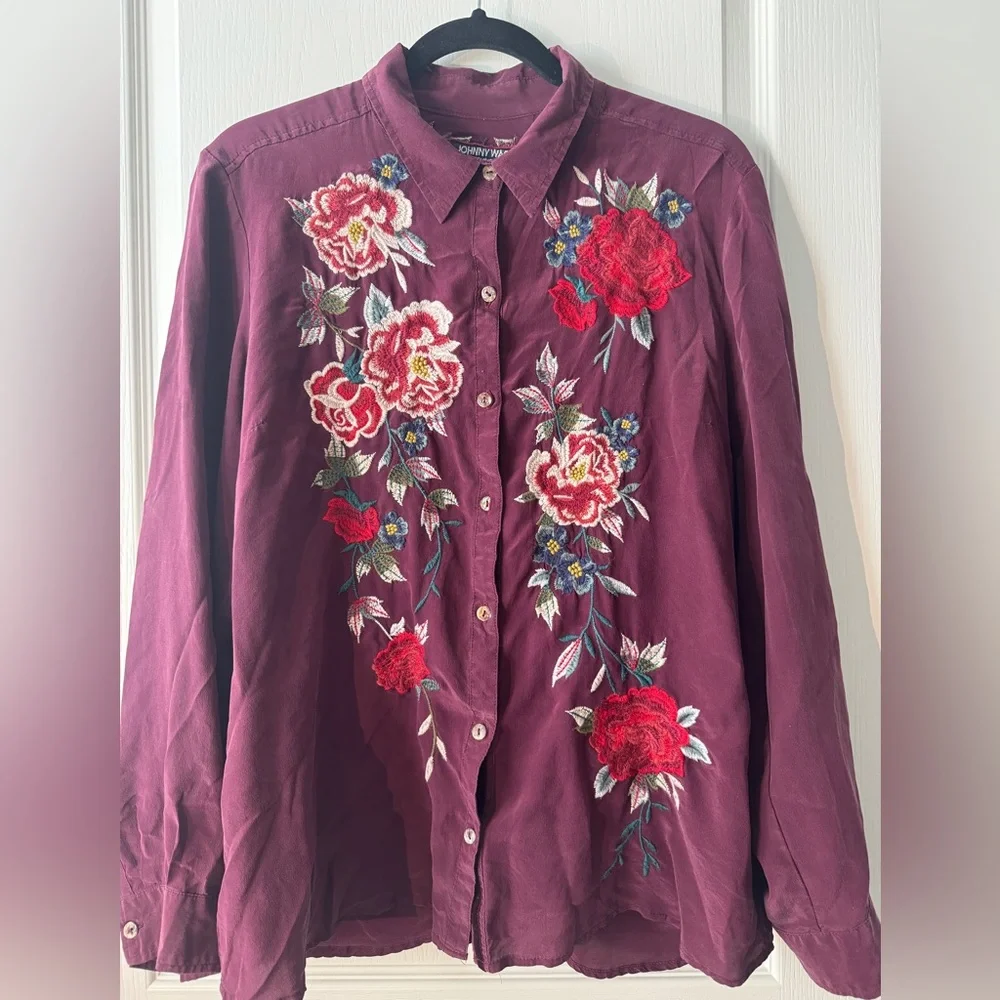 Johnny Was Silk Floral Shirt w/ button dart embellished back - size L Fabulous - Picture 1 of 13